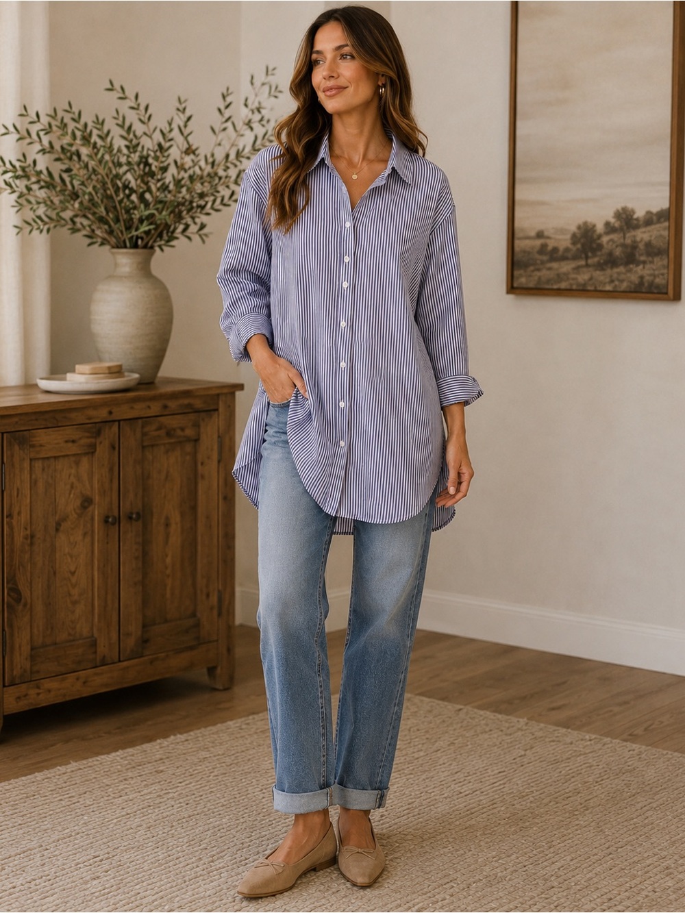 Jones & Co. Blue & White Striped Cotton Tunic — Size L